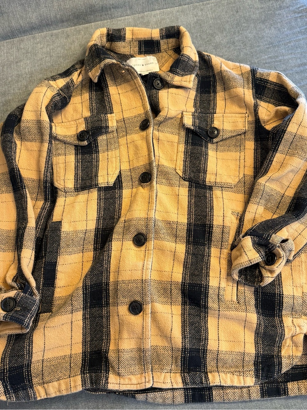 Lucky Brand Plaid Shacket Jacket Women’s Small Tan Black Button Front Utility
